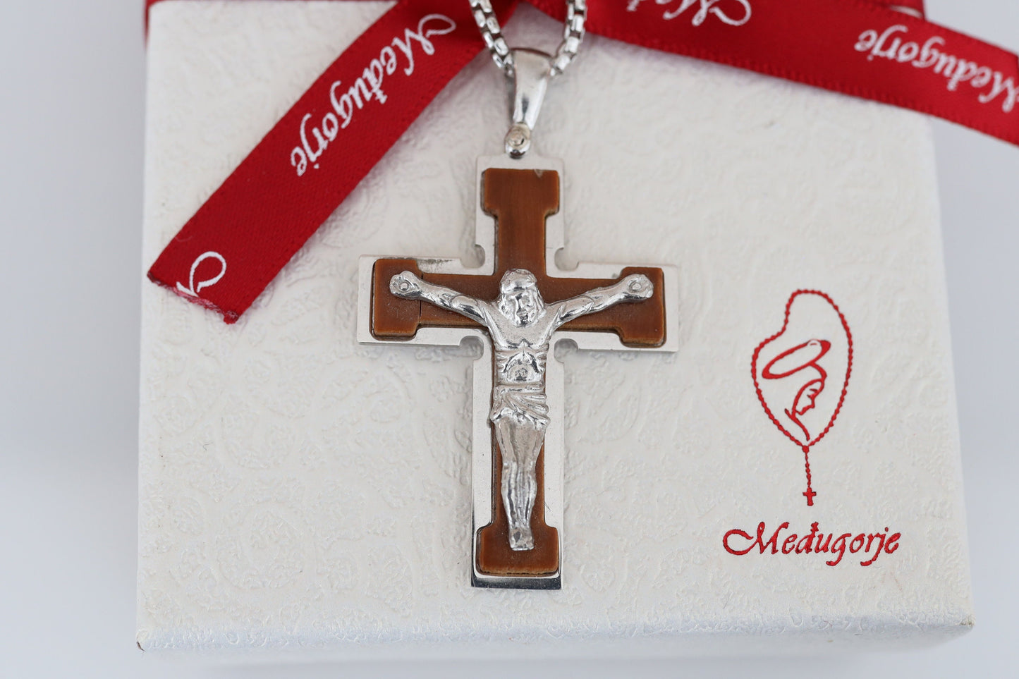 Wooden cross, sterling silver 925 cross, cross necklace for man, wooden cross necklace, catholic man gift, Medjugorje costume cross necklace