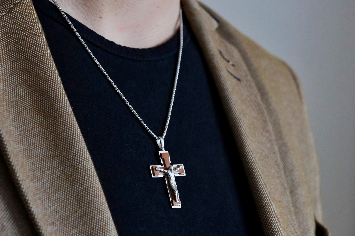 Wooden cross, sterling silver 925 cross, cross necklace for man, wooden cross necklace, catholic man gift, Medjugorje costume cross necklace