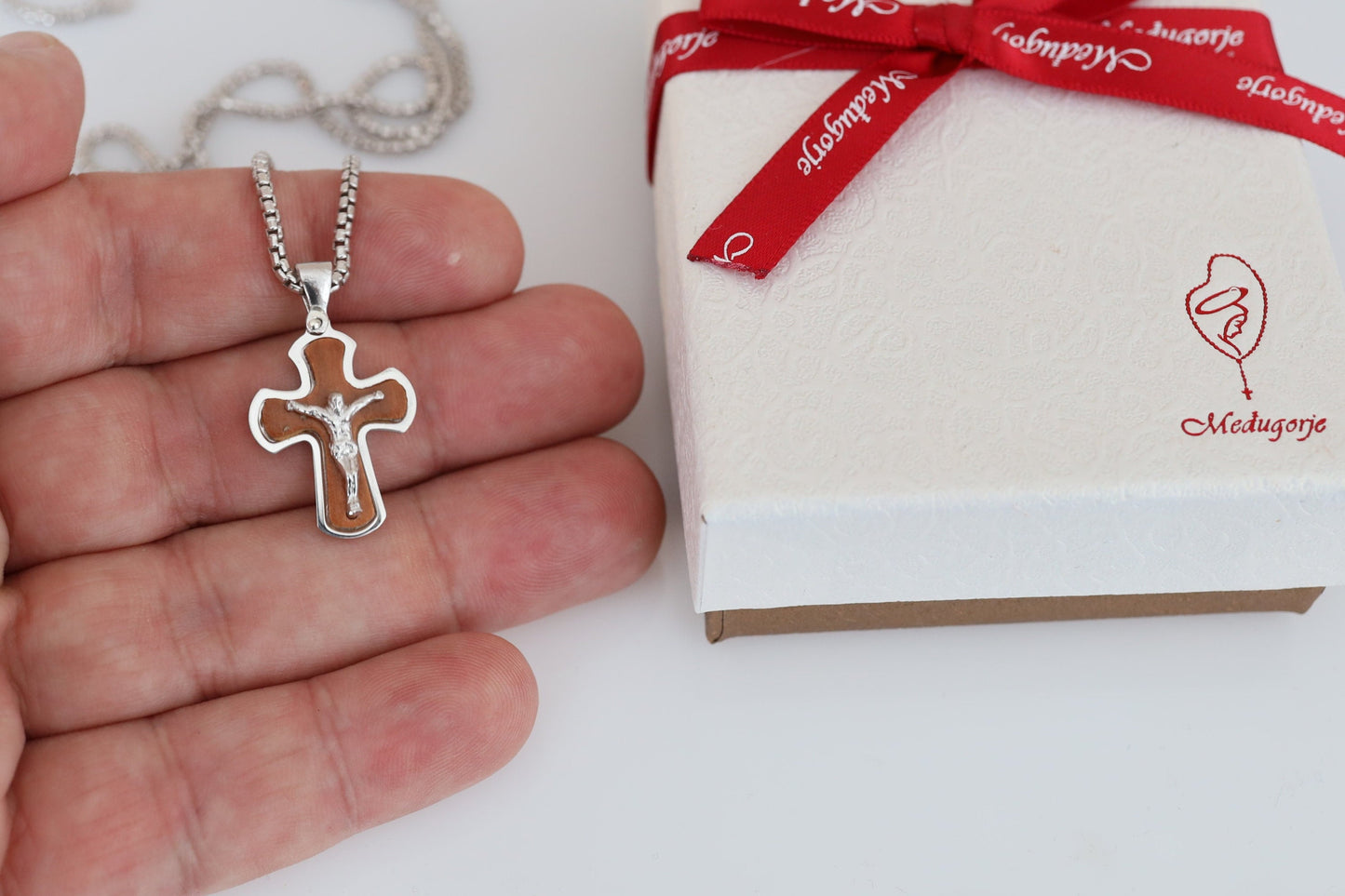 Wooden cross, sterling silver cross with olive wood, crucifix necklace for man, cross necklace, handmade wood cross, gift for catholic man