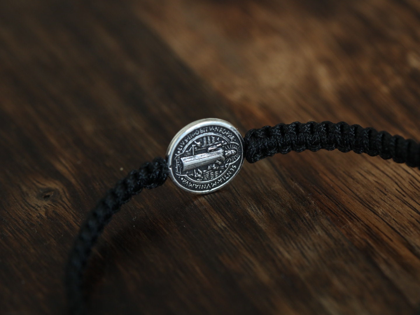 Saint Benedict miniature sterling silver bracelet, macrame handmade bracelet St Benedict cross medal, Medjugorje made St Benedict bracelet