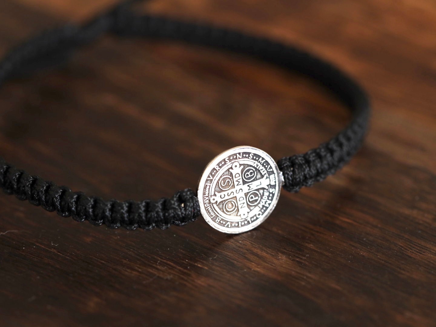 Saint Benedict miniature sterling silver bracelet, macrame handmade bracelet St Benedict cross medal, Medjugorje made St Benedict bracelet