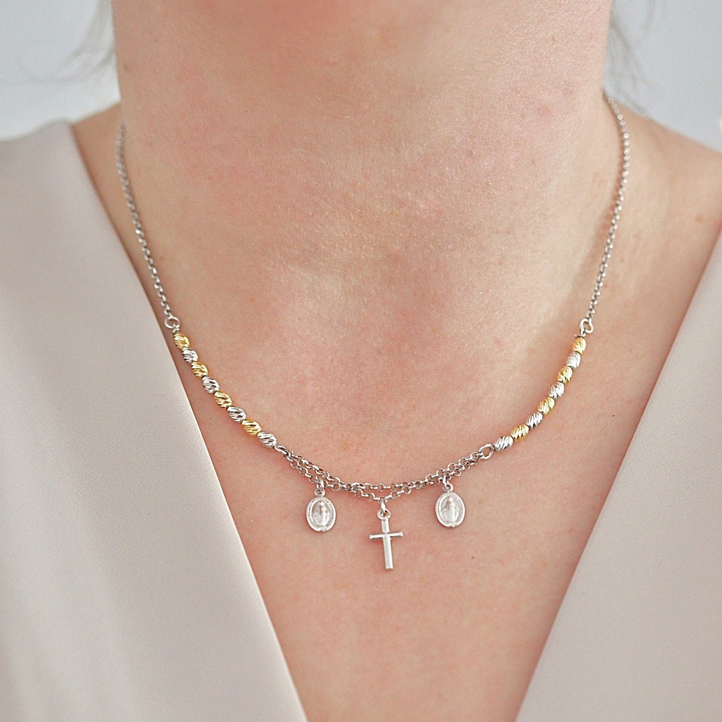 Collar Medalla Milagrosa-collar para mujer-collar chapado en oro-collar doble cadena-collar medalla cruz-regalo cumpleaños-collar católico