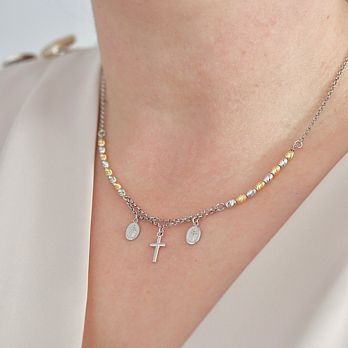 Collar Medalla Milagrosa-collar para mujer-collar chapado en oro-collar doble cadena-collar medalla cruz-regalo cumpleaños-collar católico