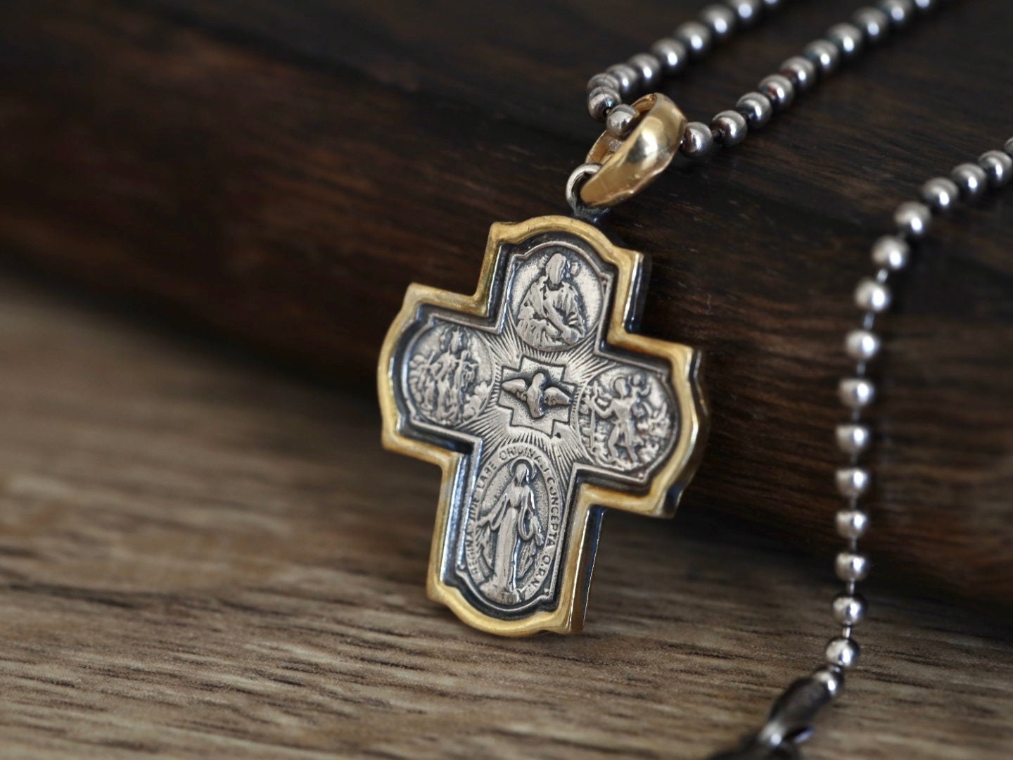 Cruz de cuatro vías de plata de ley, colgante de cruz de 4 vías, collar de cruz para hombre, cruz escapular, medalla milagrosa, cruz de Nuestra Señora del Monte Carmelo