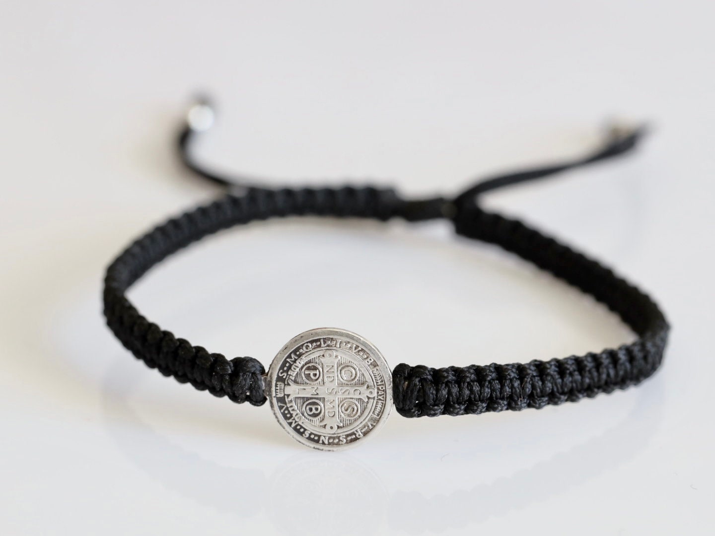 Saint Benedict miniature sterling silver bracelet, macrame handmade bracelet St Benedict cross medal, Medjugorje made St Benedict bracelet