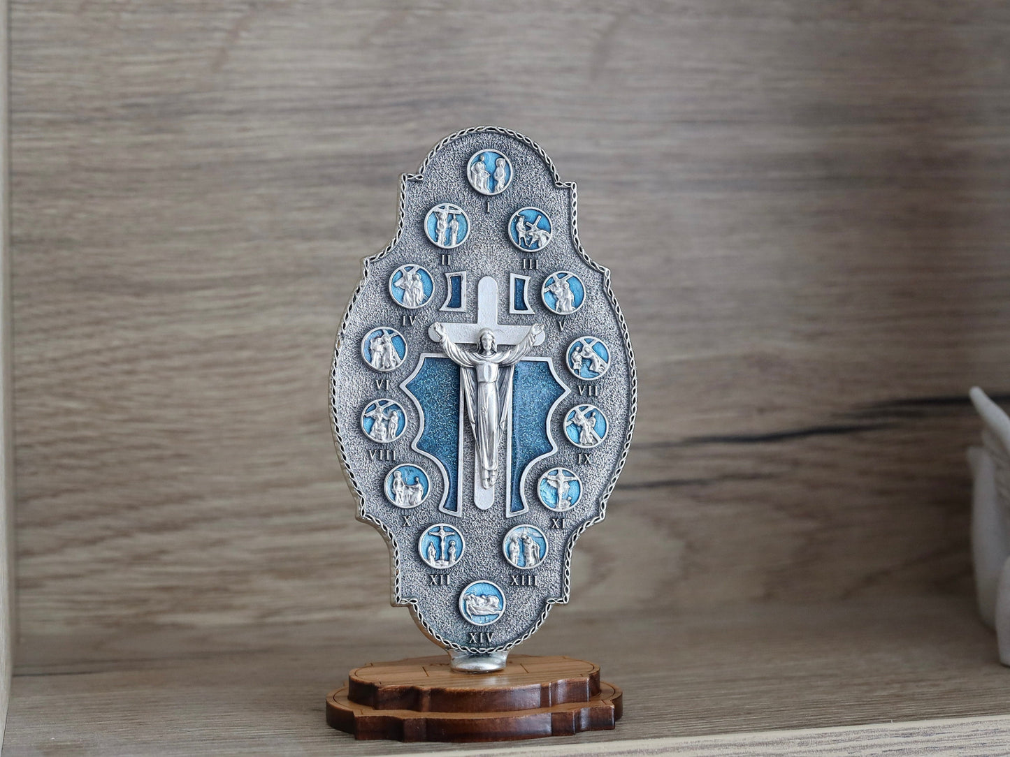 Estaciones en miniatura de la estatua de la cruz, estaciones de la cruz, estatua del altar casero, Vía Dolorosa, estaciones de la cruz de escritorio con soporte