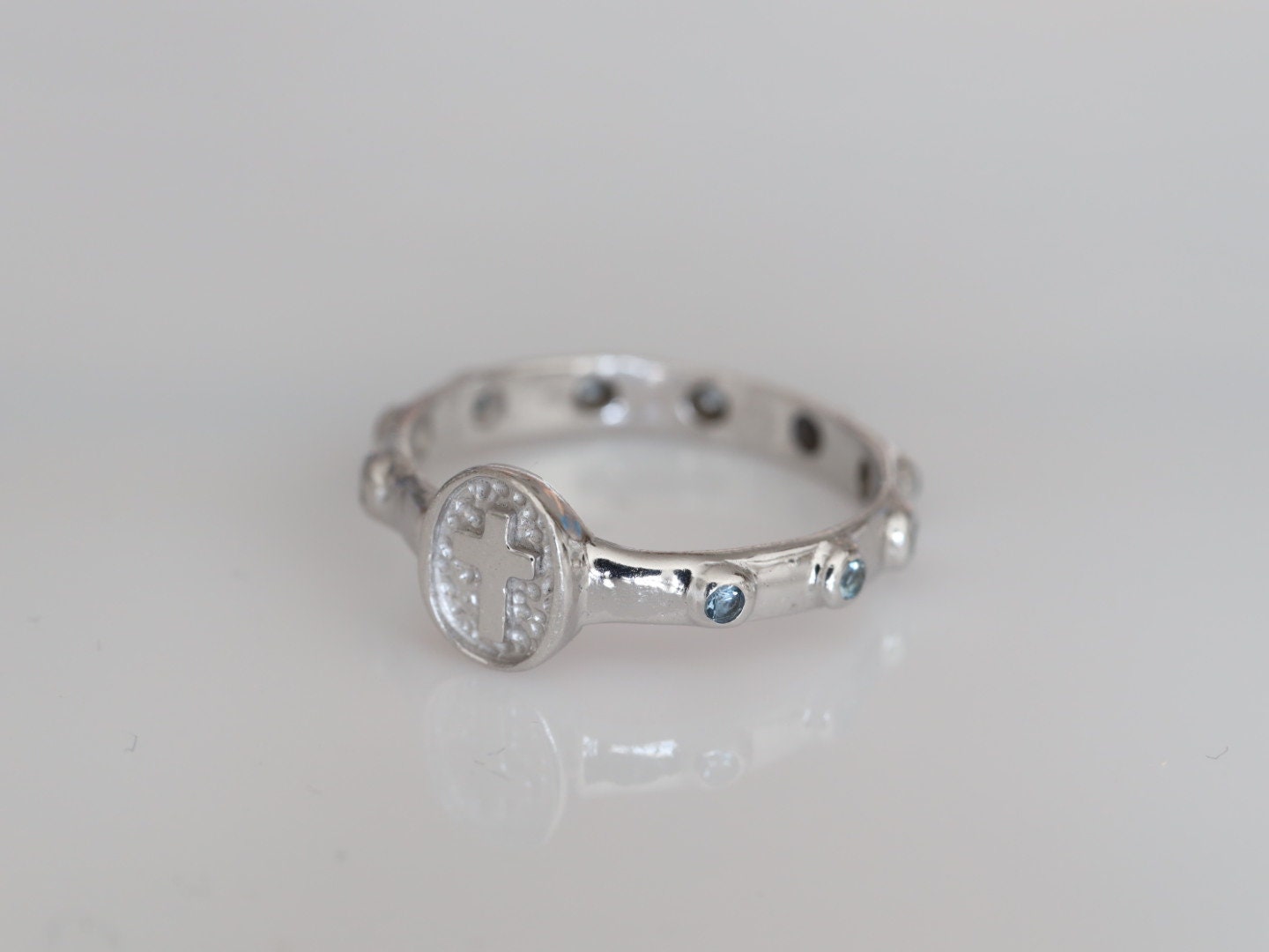 Anillo de rosario, anillo de plata de ley, anillo de rosario de oración, rosario de plata de ley 925, cuentas de rosario de dedo, anillo cruzado, rosario con circonio cúbico