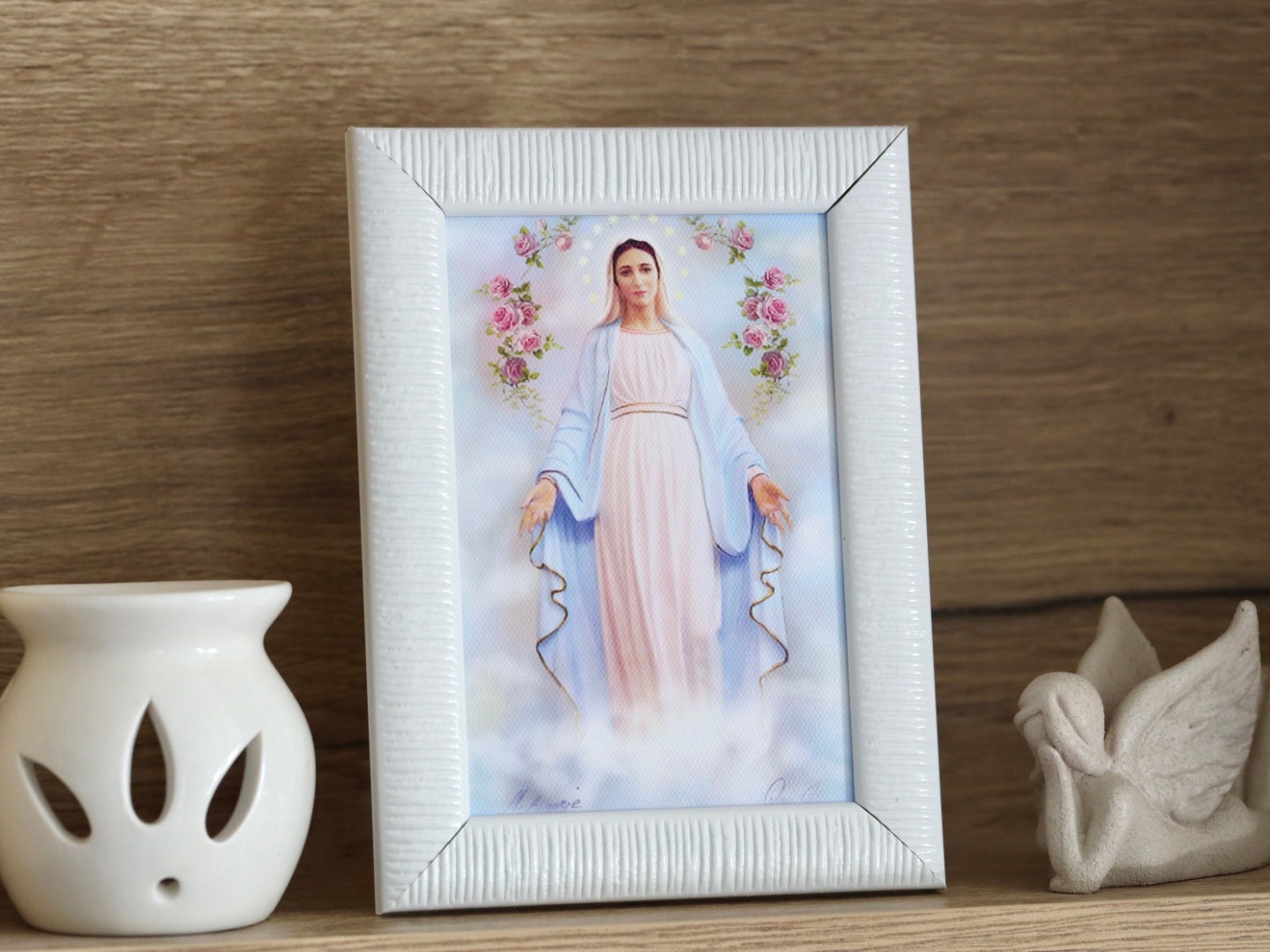 Pequeño lienzo de Nuestra Señora de Gracia, impresión de lienzo de la Virgen María, marco de imagen de la Virgen María, lienzo enmarcado de Medjugorje, marco de mesa de la Virgen María