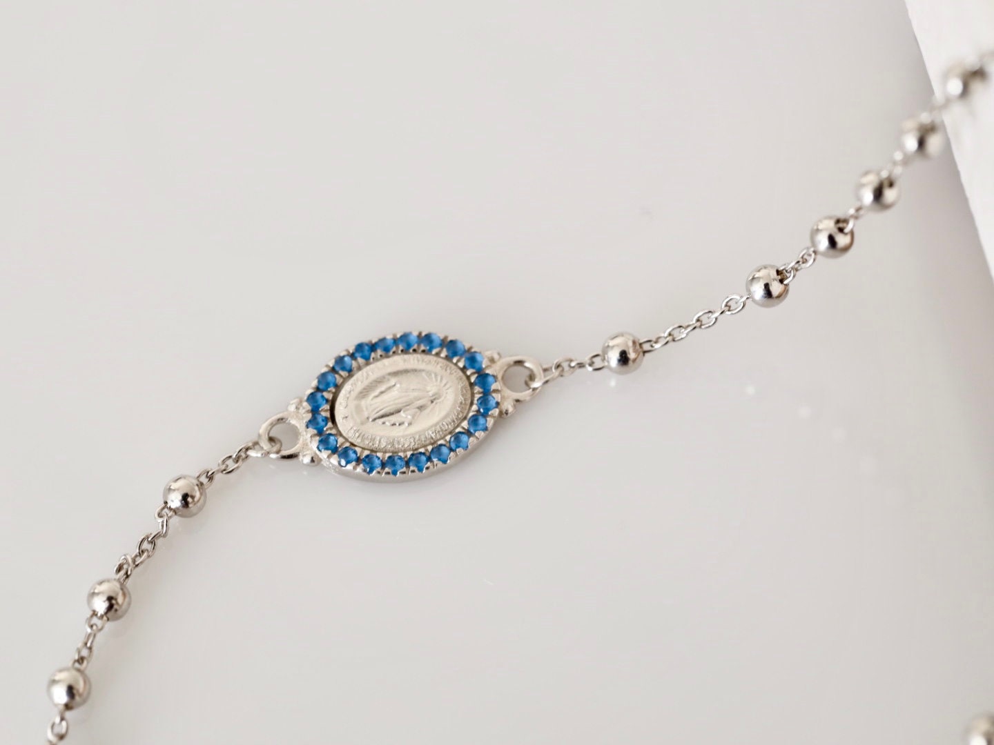 Collar de rosario medalla milagrosa, collar de rosario de plata de ley 925 con circonio azul, collar de rosario de Medjugorje, cruz azul Nuestra Señora de Gracia