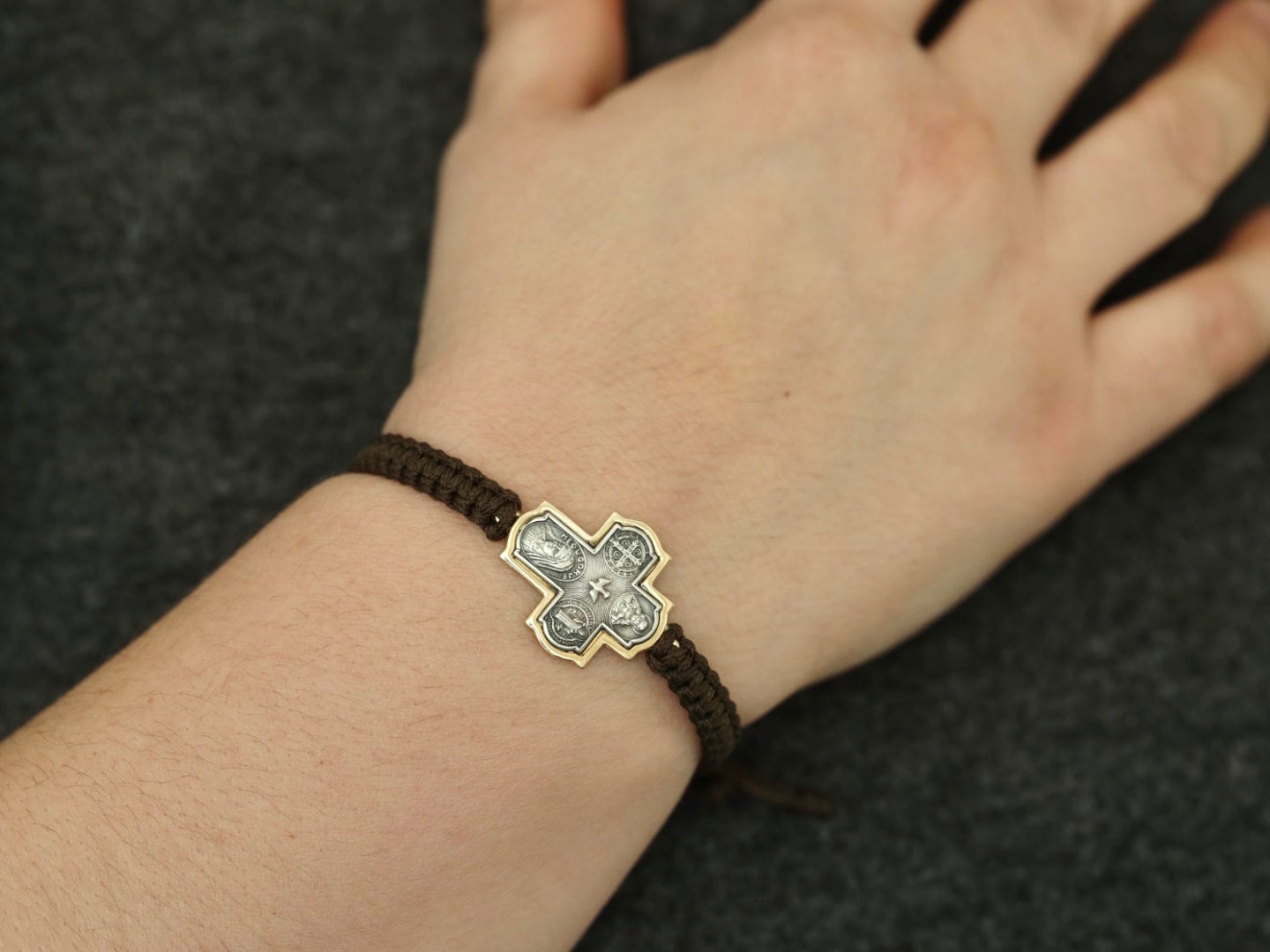Cruz de cuatro vías de plata de ley, pulsera cruzada, San Benito, Espíritu Santo, Sagrado Corazón de Jesús, pulsera escapularia de Medjugorje, pulsera de hombre