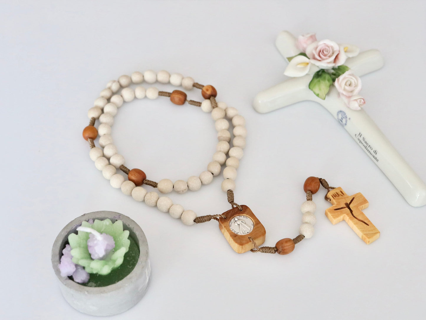 Wooden rosary, catholic rosary beads, natural stone rosary, Medjugorje rosary, Divine Mercy medal, Medjugorje medal, olive wood cross rosary