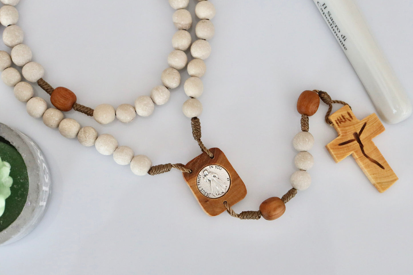 Wooden rosary, catholic rosary beads, natural stone rosary, Medjugorje rosary, Divine Mercy medal, Medjugorje medal, olive wood cross rosary