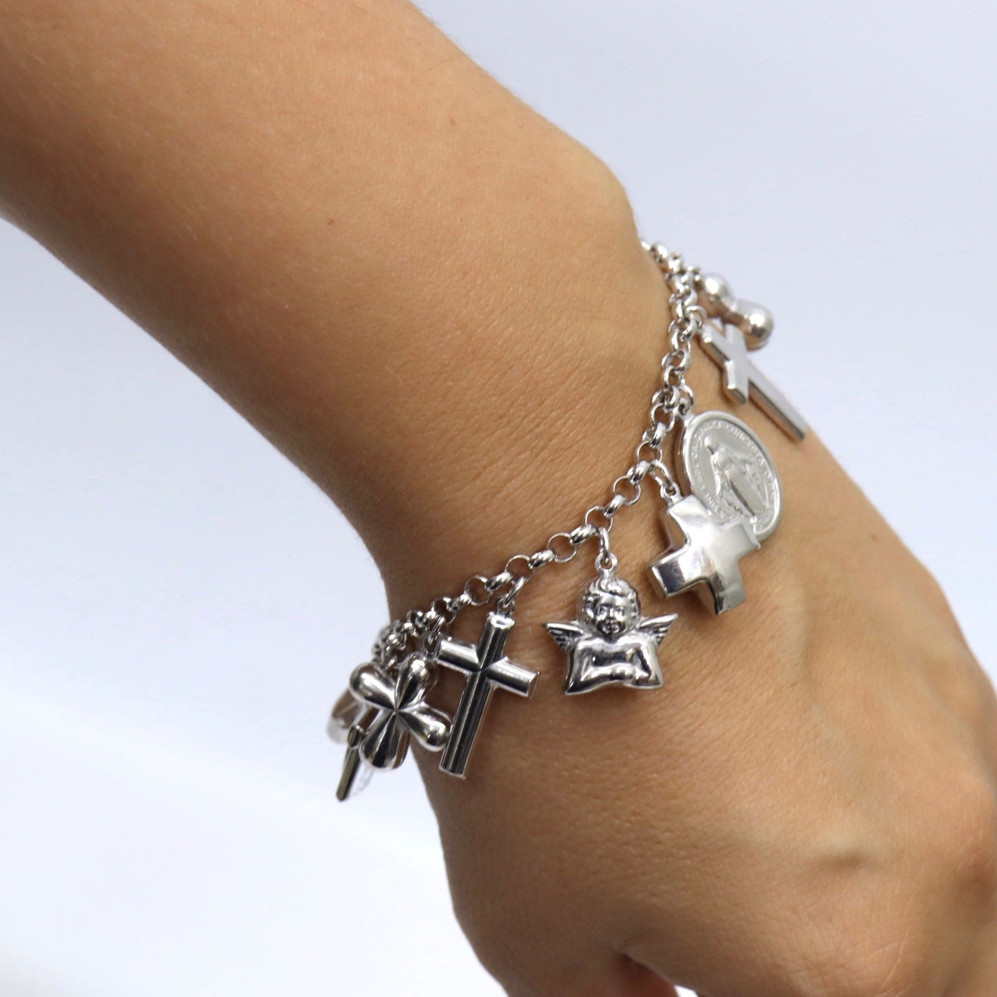 Pulsera de plata de ley con múltiples dijes, pulsera Medalla Milagrosa, pulsera cruzada, pulsera colgante con múltiples colgantes, pulsera de mujer católica
