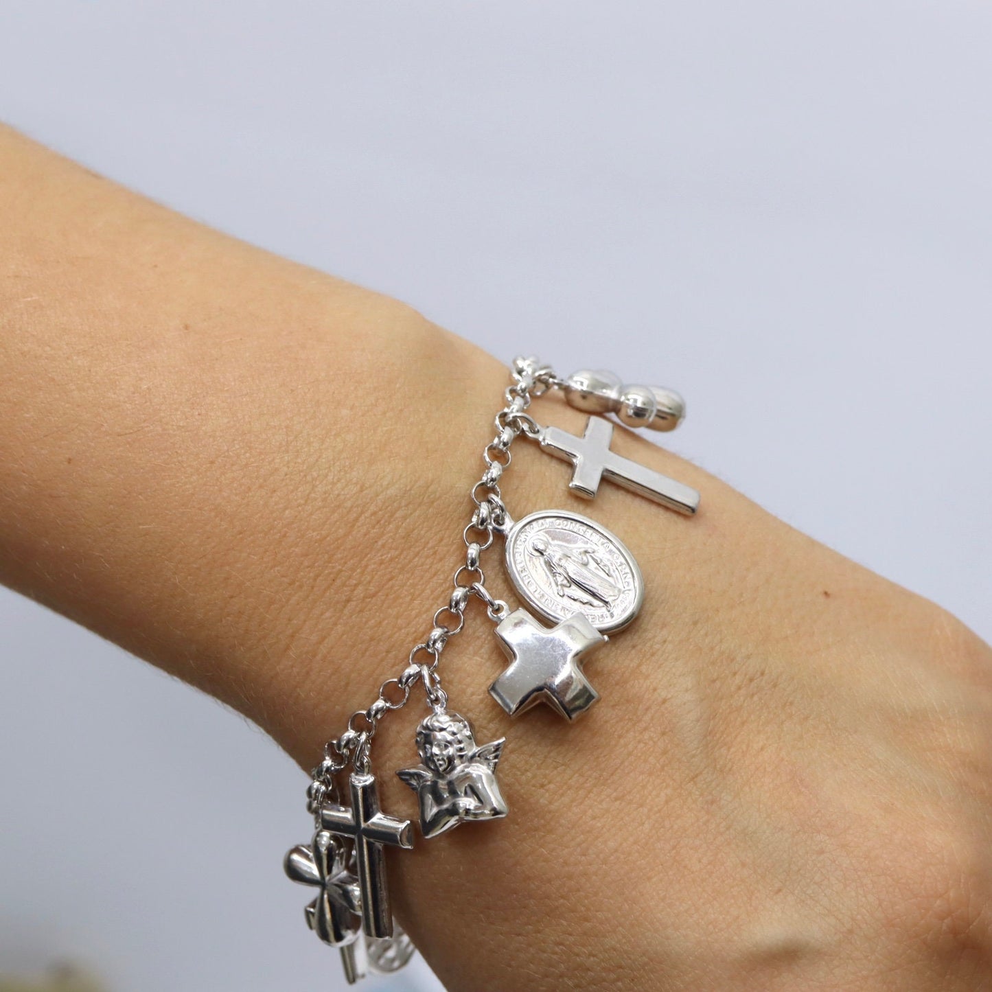 Pulsera de plata de ley con múltiples dijes, pulsera Medalla Milagrosa, pulsera cruzada, pulsera colgante con múltiples colgantes, pulsera de mujer católica