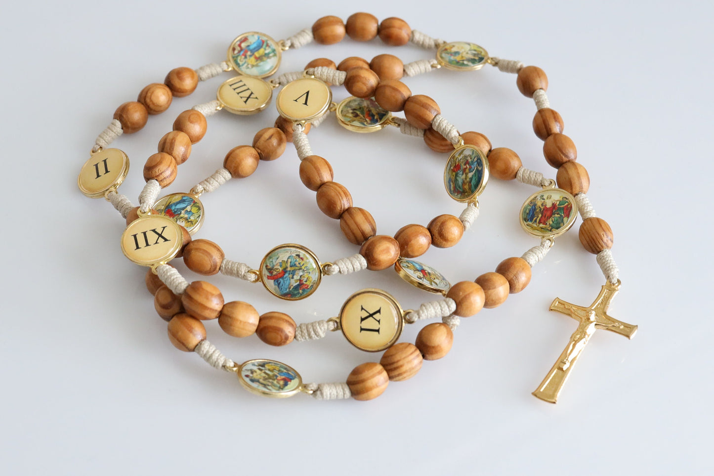 Estaciones de rosario cruzado, rosario hecho a mano, rosario devocional, rosario chapado en oro, misterio de rosario, rosario de madera, regalo para católico,