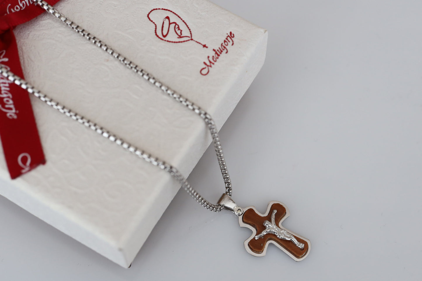 Wooden cross, sterling silver cross with olive wood, crucifix necklace for man, cross necklace, handmade wood cross, gift for catholic man