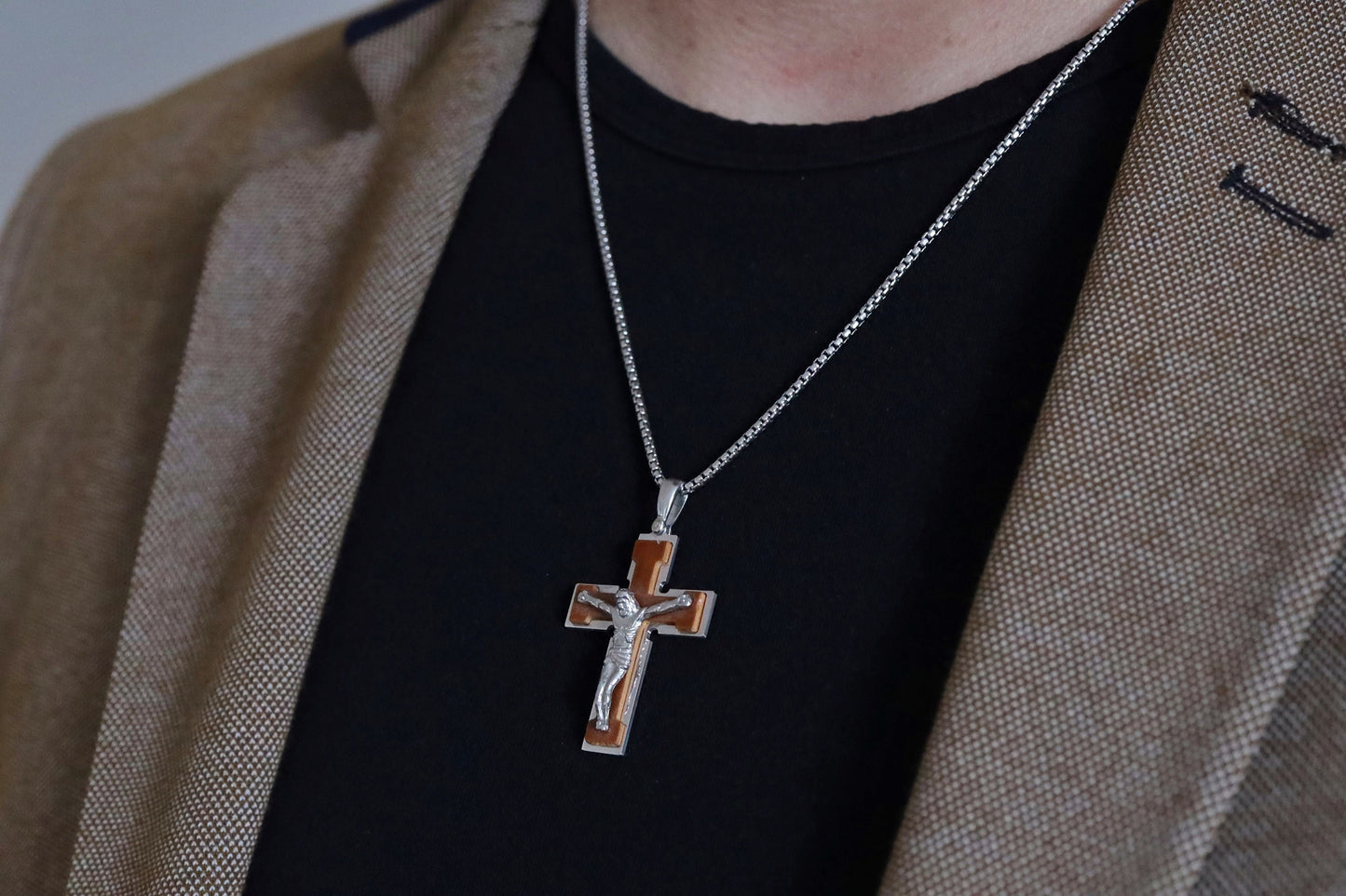 Wooden cross, sterling silver 925 cross, cross necklace for man, wooden cross necklace, catholic man gift, Medjugorje costume cross necklace
