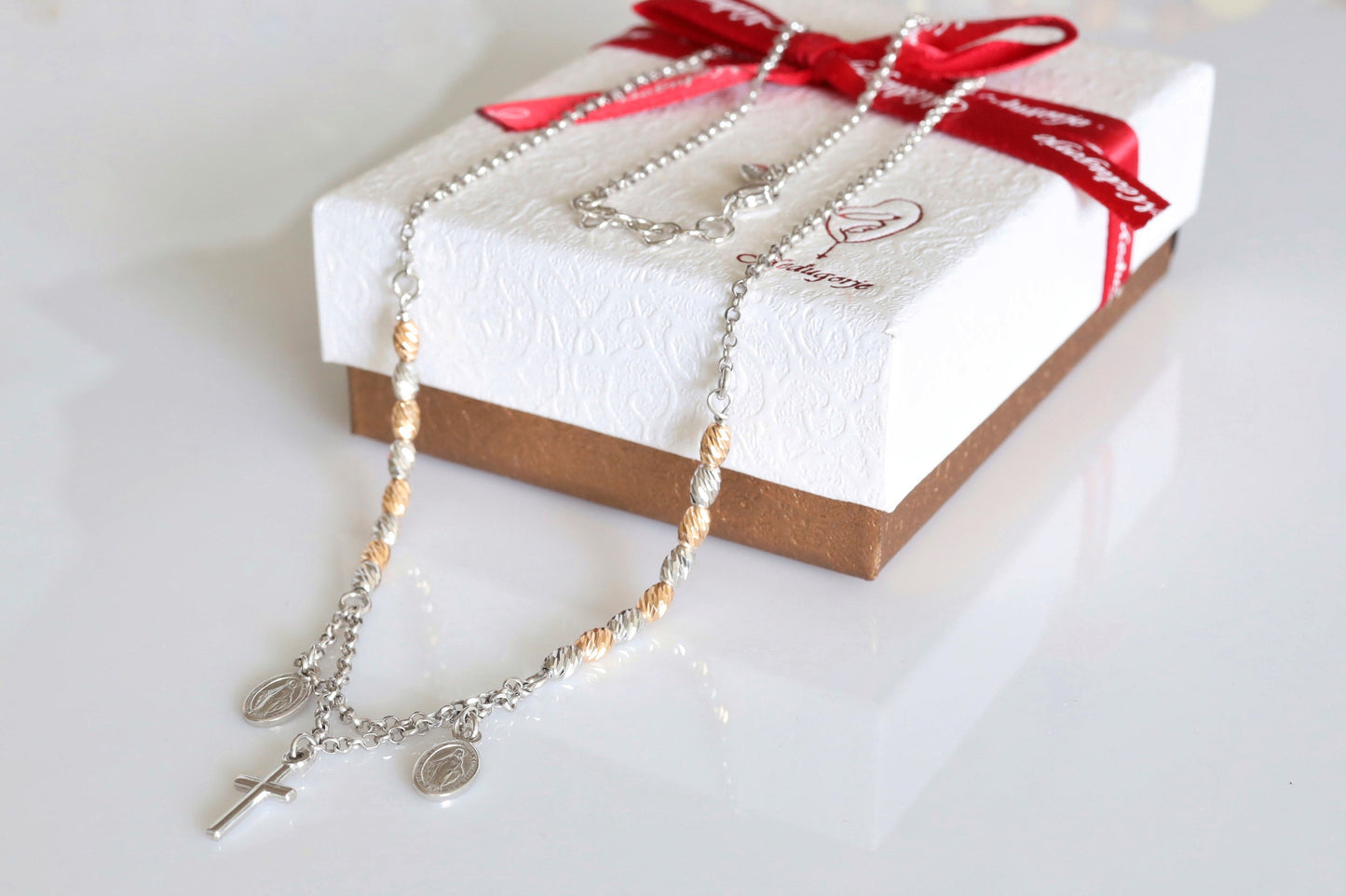 Collar Medalla Milagrosa, collar de doble cadena de plata de ley, collar Nuestra Señora de Gracia, collar talla diamante, collar chapado en oro rojo