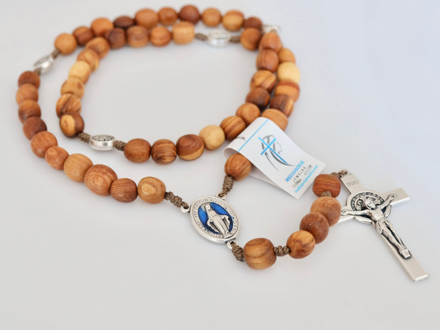 Wooden rosary, handmade olive wood rosary beads, blue Miraculous Medal rosary, wooden rosary with St Benedict cross, blue Virgin Mary medal