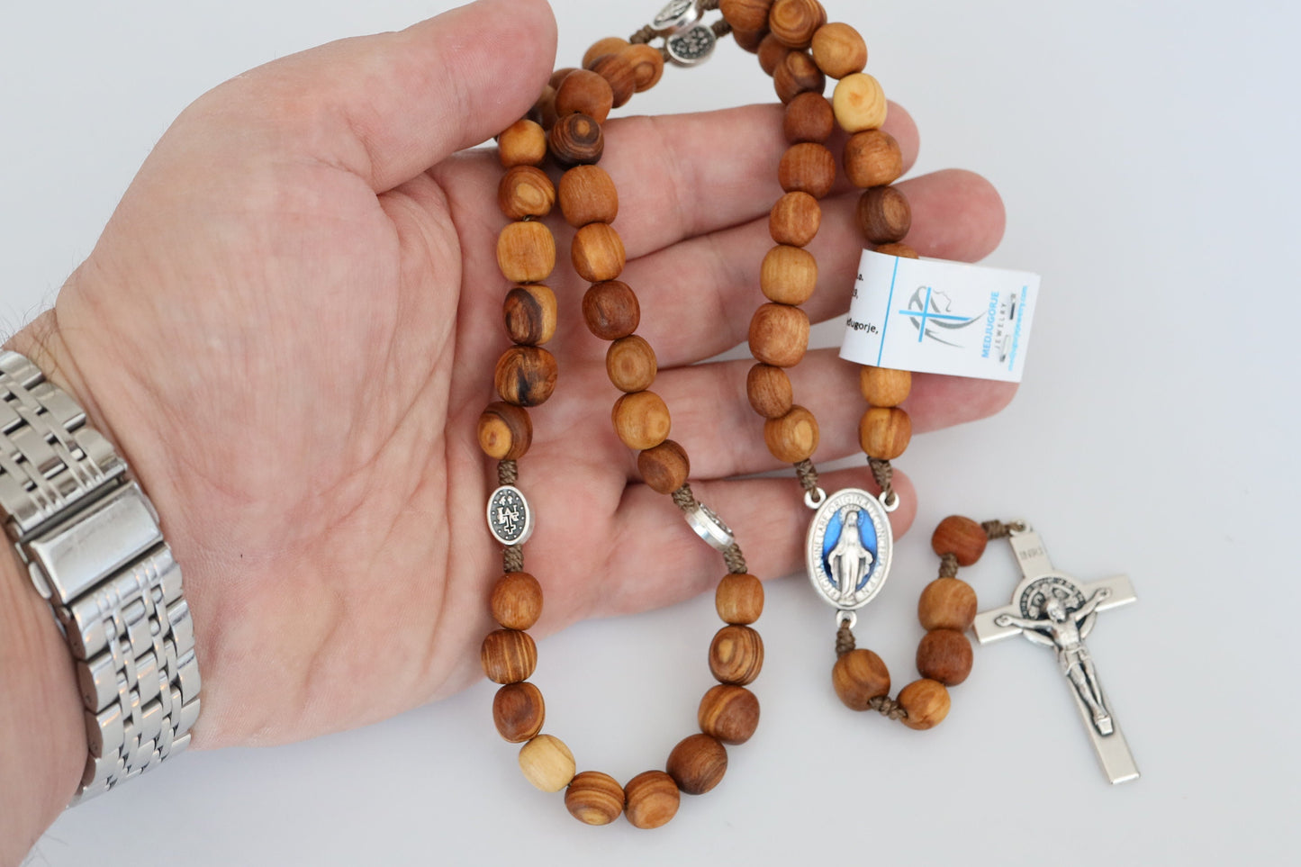 Wooden rosary, handmade olive wood rosary beads, blue Miraculous Medal rosary, wooden rosary with St Benedict cross, blue Virgin Mary medal