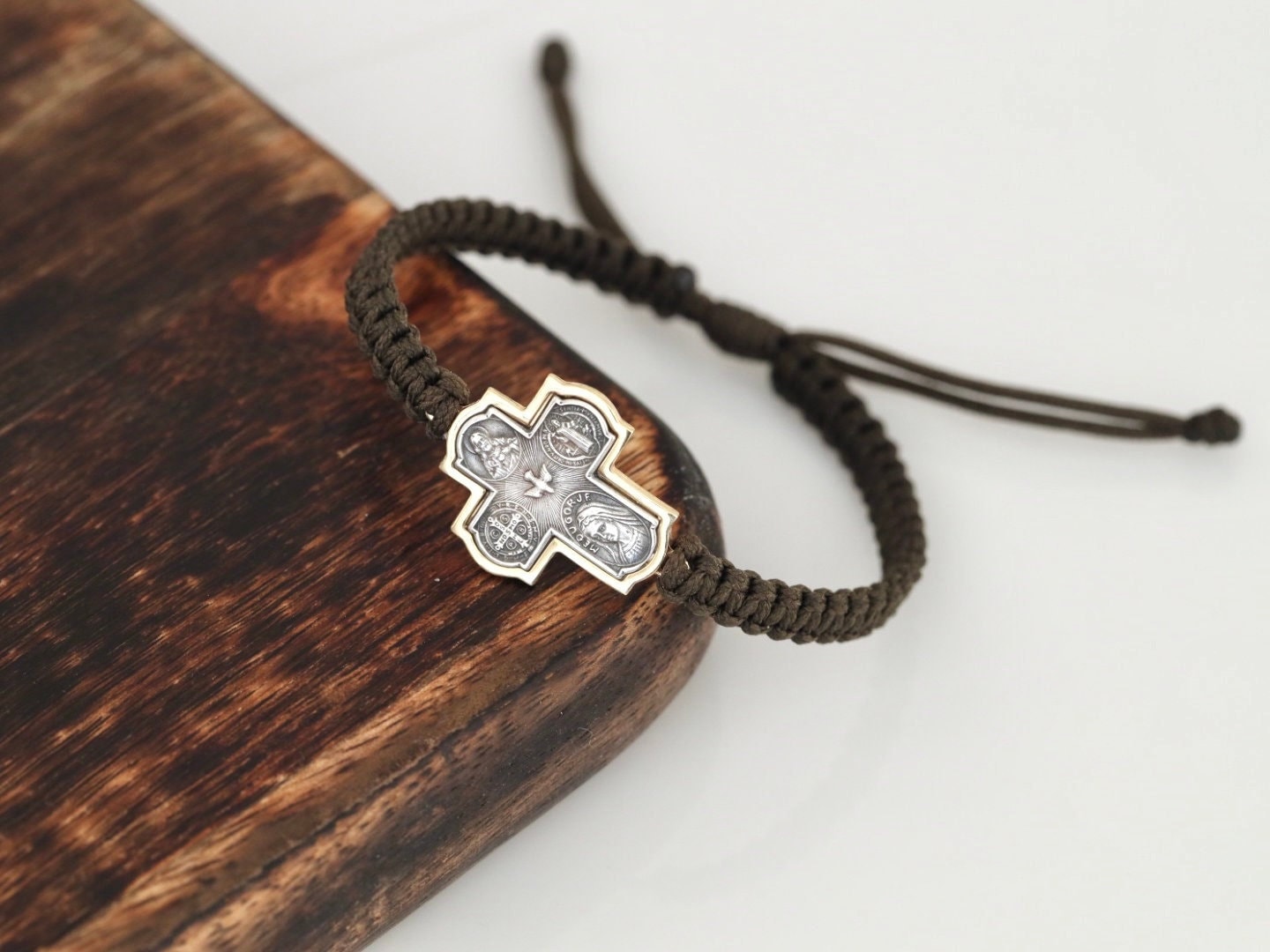 Cruz de cuatro vías de plata de ley, pulsera cruzada, San Benito, Espíritu Santo, Sagrado Corazón de Jesús, pulsera escapularia de Medjugorje, pulsera de hombre