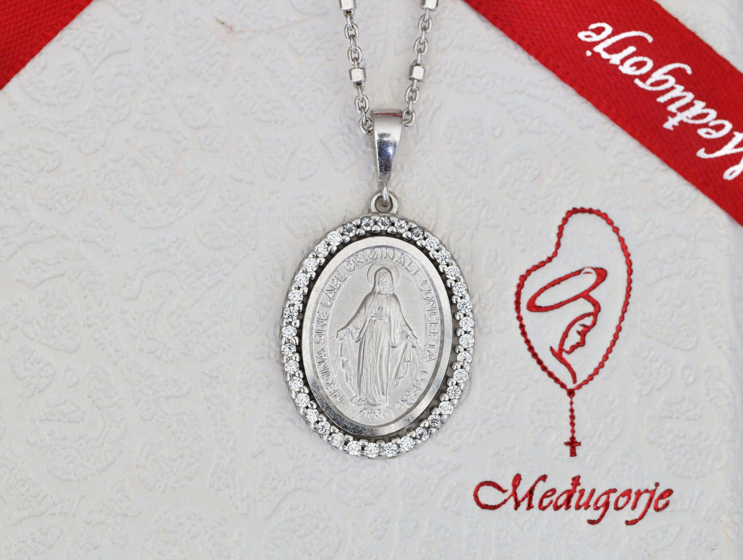 Medalla Milagrosa de plata de ley con circonitas, Medalla Nuestra Señora con circonitas,Medalla Virgen María, Nuestra Señora de Gracia, collar para mujer