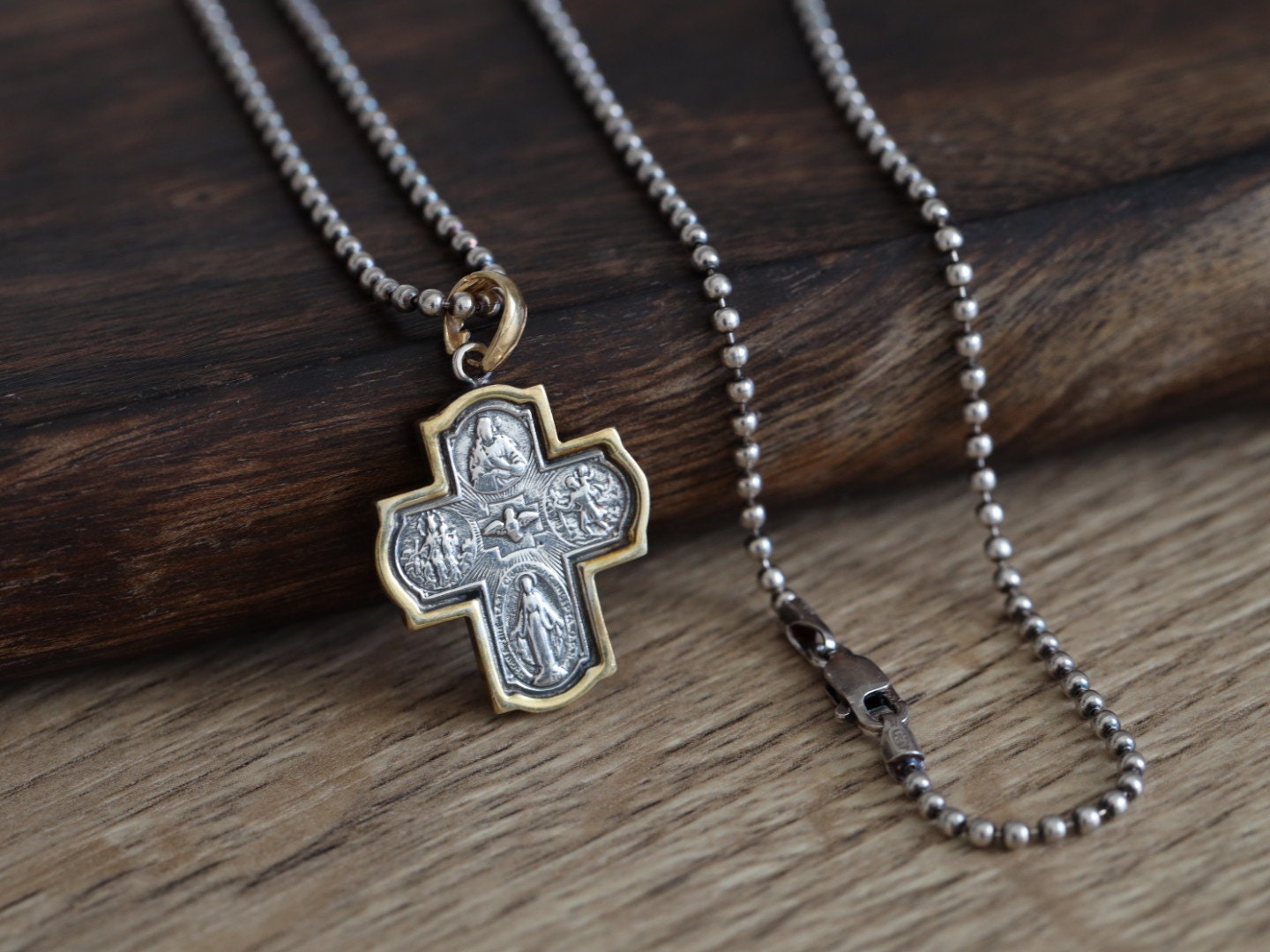 Cruz de cuatro vías de plata de ley, colgante de cruz de 4 vías, collar de cruz para hombre, cruz escapular, medalla milagrosa, cruz de Nuestra Señora del Monte Carmelo