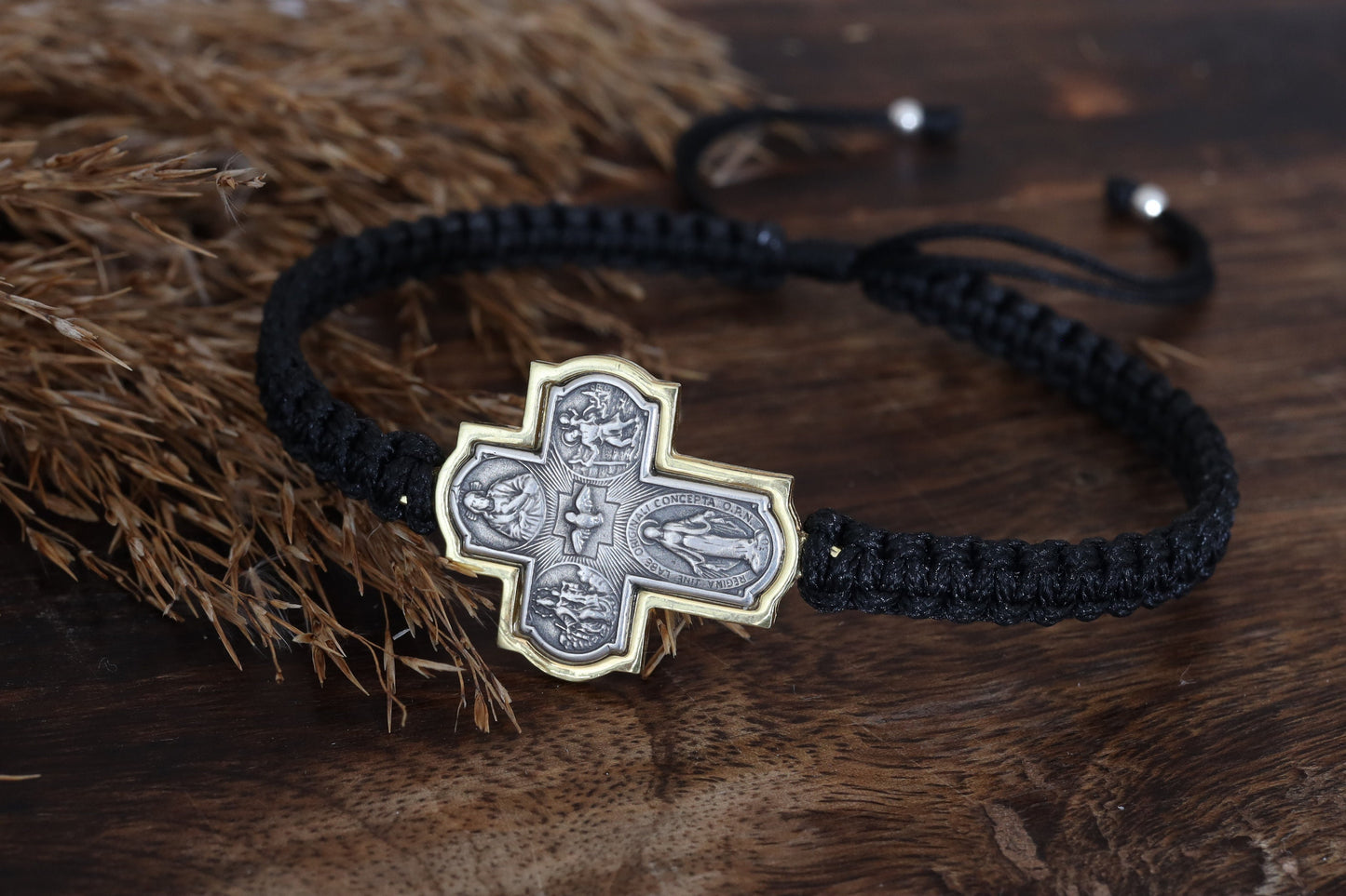 Pulsera cruz de cuatro vías, cruz de plata de ley, cruz de 4 vías, pulsera de macramé de plata de ley de oro, pulsera hecha a mano, pulsera de regalo para hombre