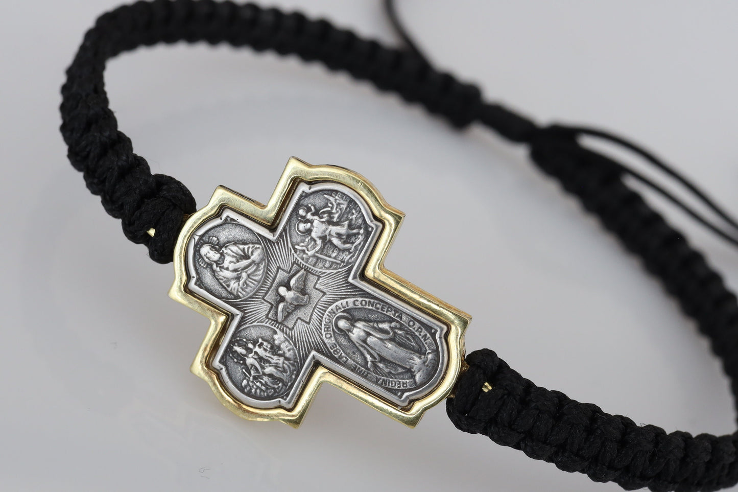 Pulsera cruz de cuatro vías, cruz de plata de ley, cruz de 4 vías, pulsera de macramé de plata de ley de oro, pulsera hecha a mano, pulsera de regalo para hombre