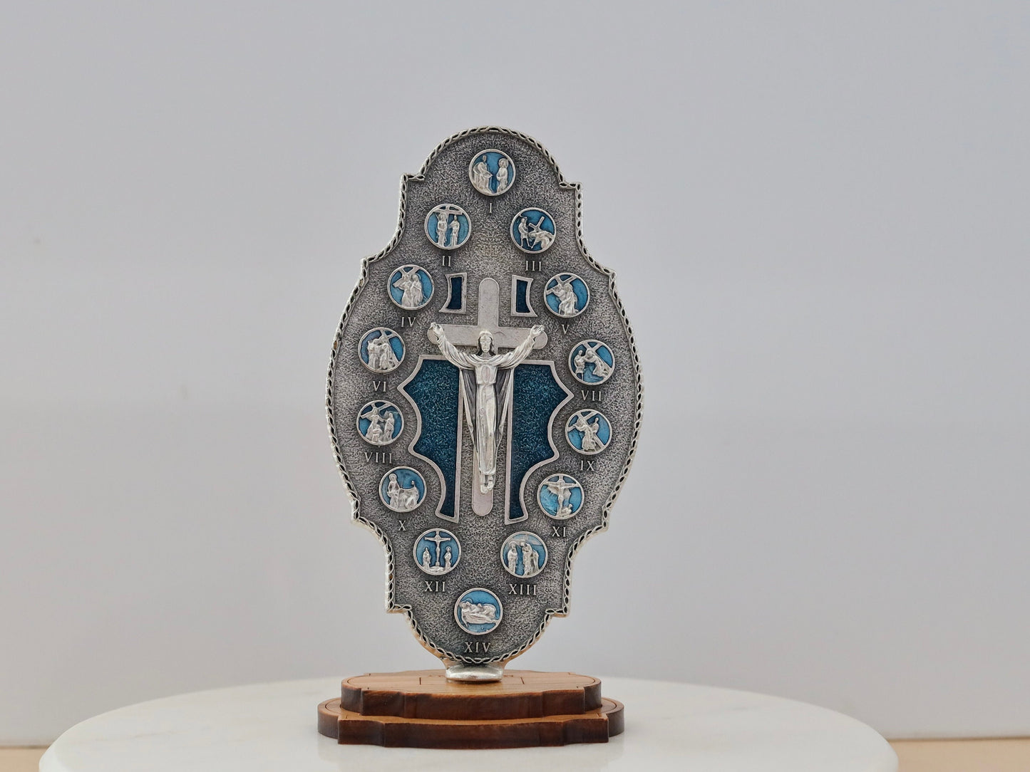 Estaciones en miniatura de la estatua de la cruz, estaciones de la cruz, estatua del altar casero, Vía Dolorosa, estaciones de la cruz de escritorio con soporte