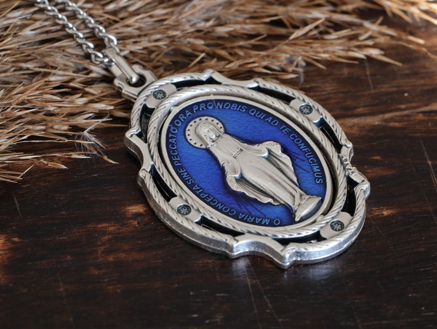 Colgante Medalla Milagrosa, medallón Medalla Milagrosa azul, medalla giratoria, plateada, esmalte azul, medalla para mujer, collar católico