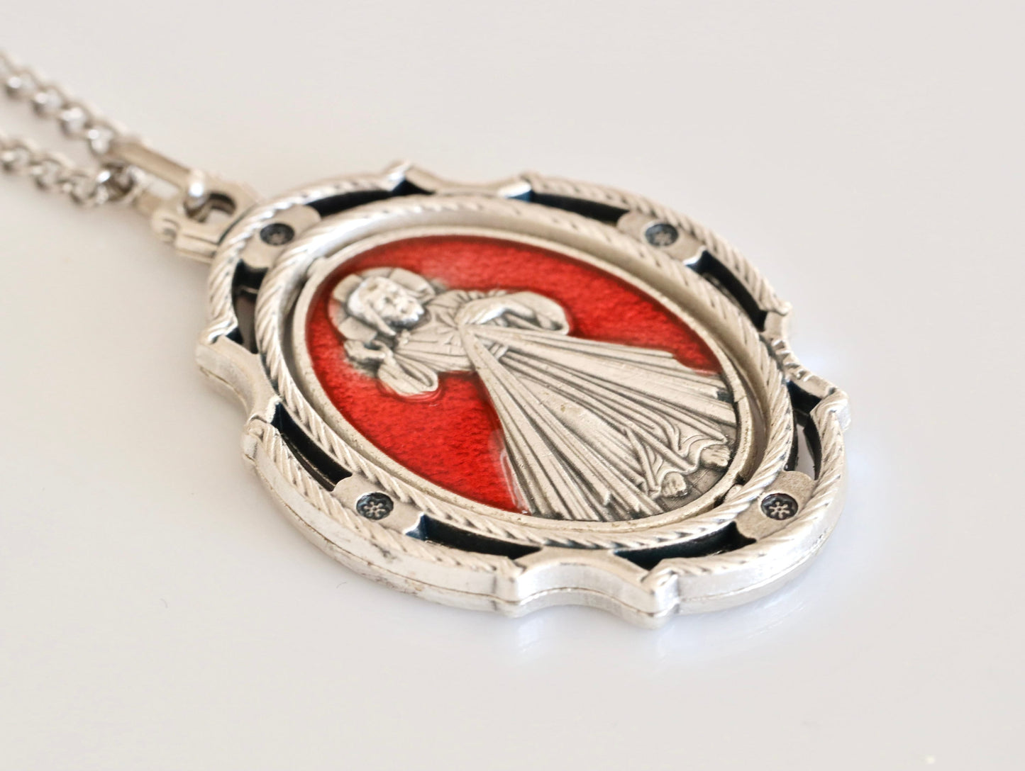 Medalla Nuestra Señora Divina Misericordia, Medallón de Plata, Collar Reina de la Paz y Divina Misericordia, collar católico para mujer, esmalte azul y rojo