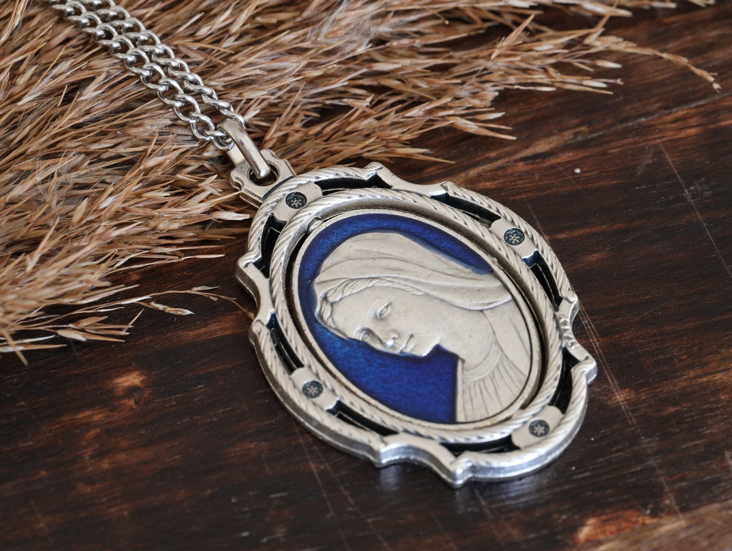 Medalla Nuestra Señora Divina Misericordia, Medallón de Plata, Collar Reina de la Paz y Divina Misericordia, collar católico para mujer, esmalte azul y rojo