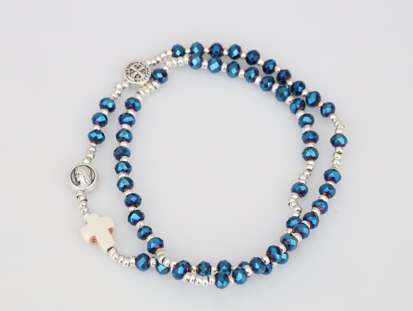 Pulsera de rosario completo, pulsera de rosario de San Benito, pulsera de cuentas de rosario completo ajustable, pulsera con medalla de Nuestra Señora y San Benito