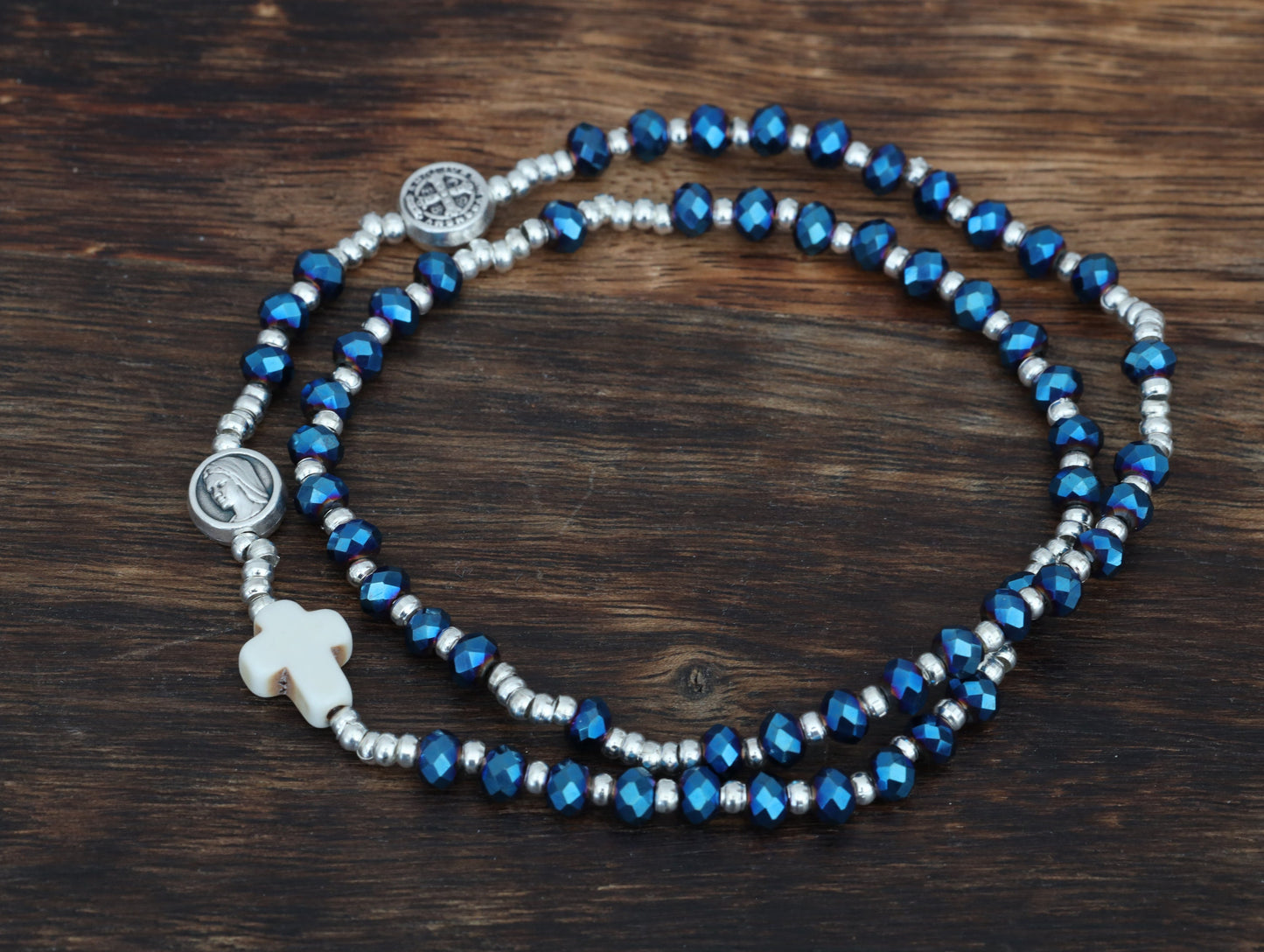 Pulsera de rosario completo, pulsera de rosario de San Benito, pulsera de cuentas de rosario completo ajustable, pulsera con medalla de Nuestra Señora y San Benito