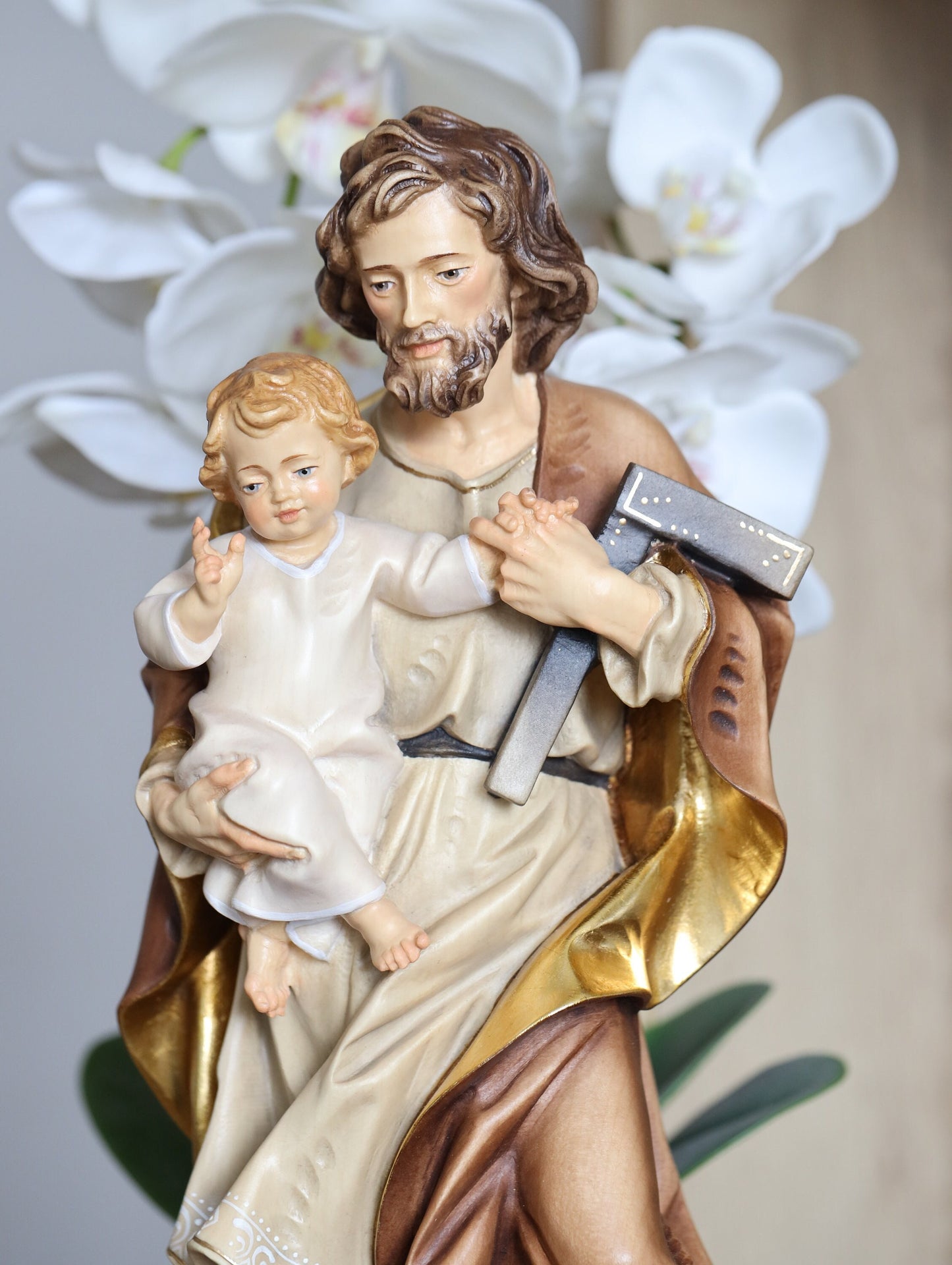 Estatua de madera de San José, estatua hecha a mano de San José con el Niño Jesús, estatua de San José trabajador de 15 pulgadas, Val Gardena San José