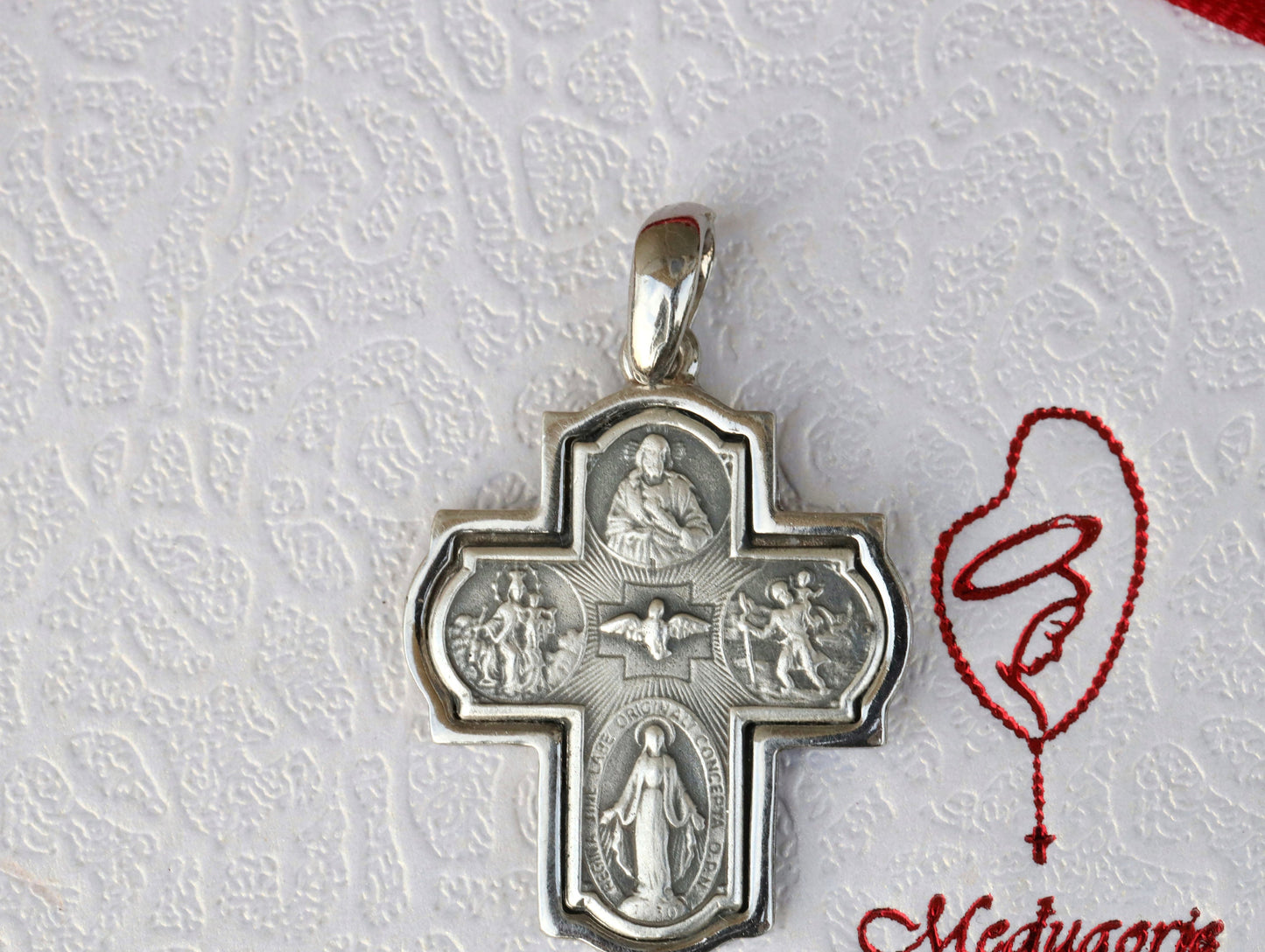 Vier-Wege-Kreuz, Fünf-Wege-Kreuz, Sterlingsilber, 925er Sterlingsilberkreuz, Kreuz mit verängstigtem Herzen, Heiligem Geist, Jungfrau Maria, St. Christophorus