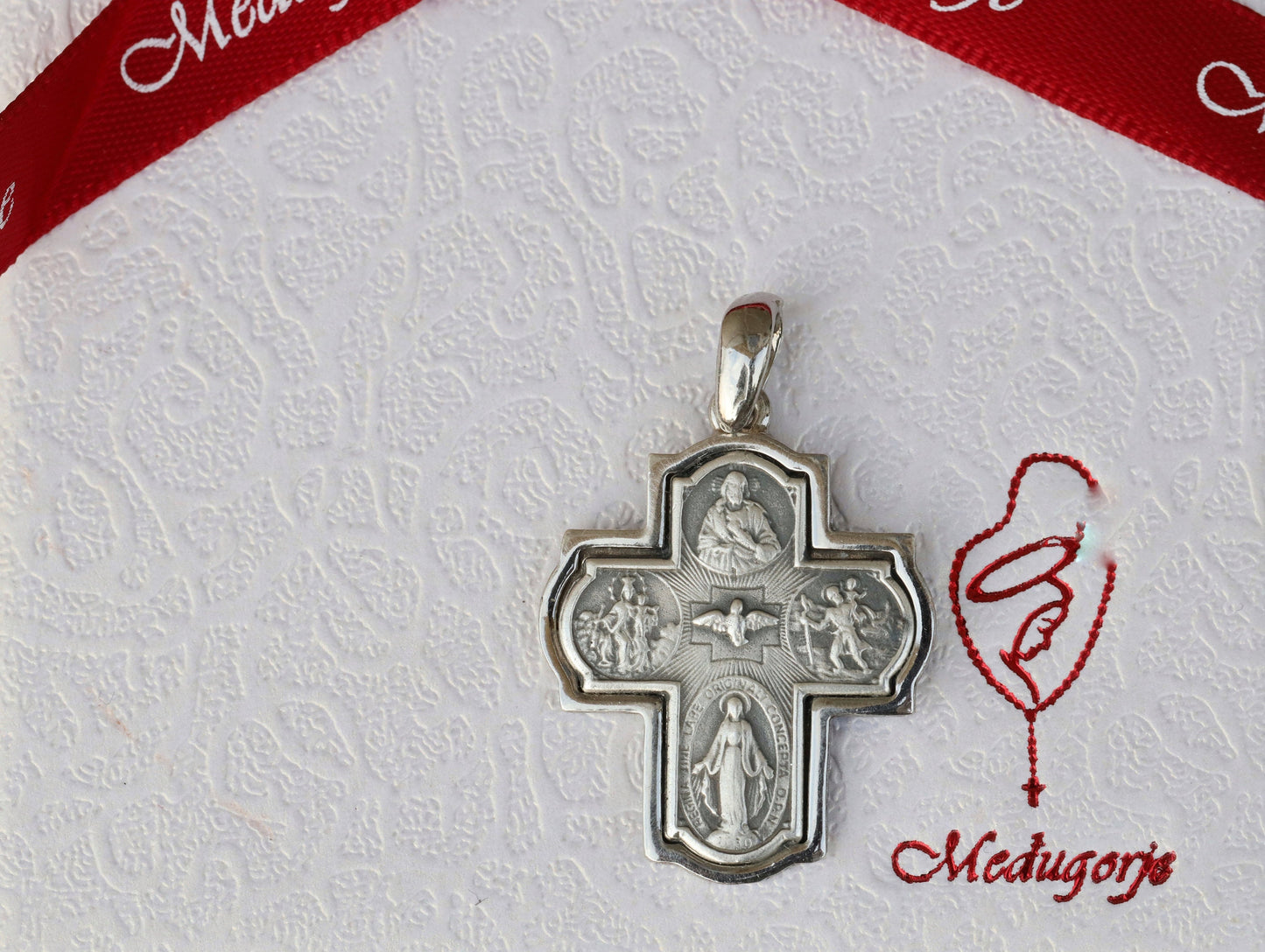 Vier-Wege-Kreuz, Fünf-Wege-Kreuz, Sterlingsilber, 925er Sterlingsilberkreuz, Kreuz mit verängstigtem Herzen, Heiligem Geist, Jungfrau Maria, St. Christophorus