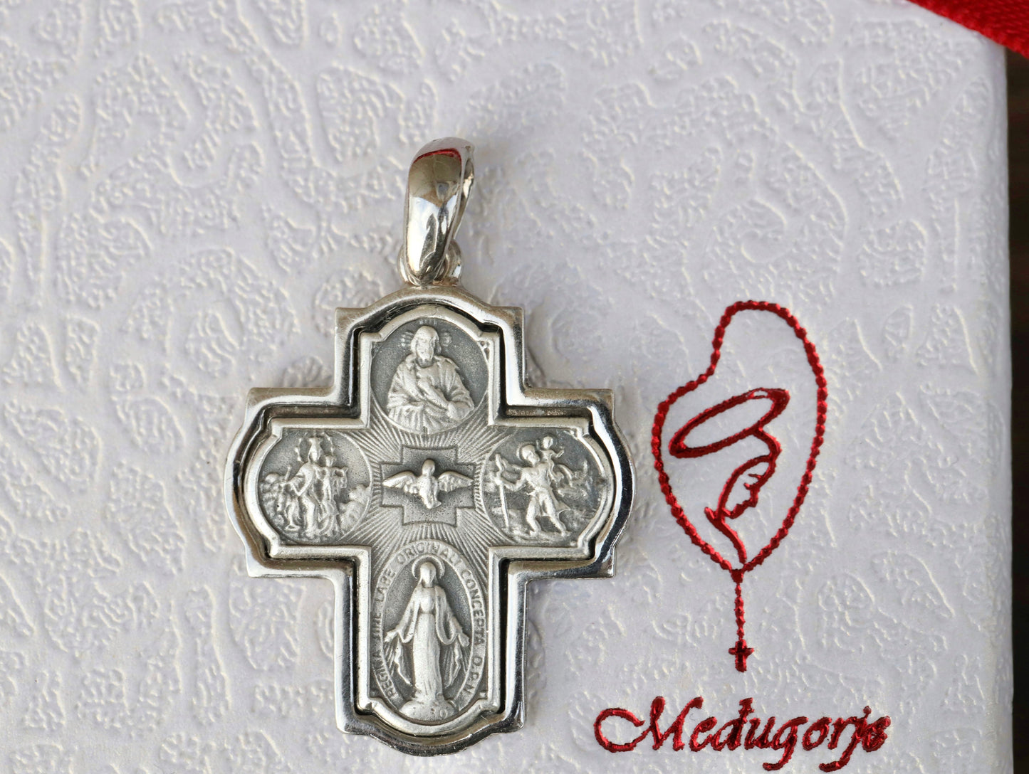 Vier-Wege-Kreuz, Fünf-Wege-Kreuz, Sterlingsilber, 925er Sterlingsilberkreuz, Kreuz mit verängstigtem Herzen, Heiligem Geist, Jungfrau Maria, St. Christophorus