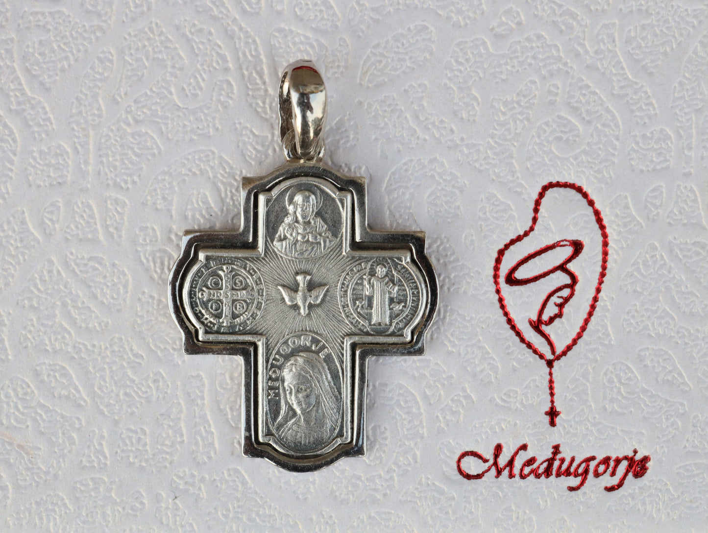 Four way cross, 4 way sterling silver cross, five way cross, Medjugorje cross, cross with St Benedict medal, Our Lady cross, Holy Spirit