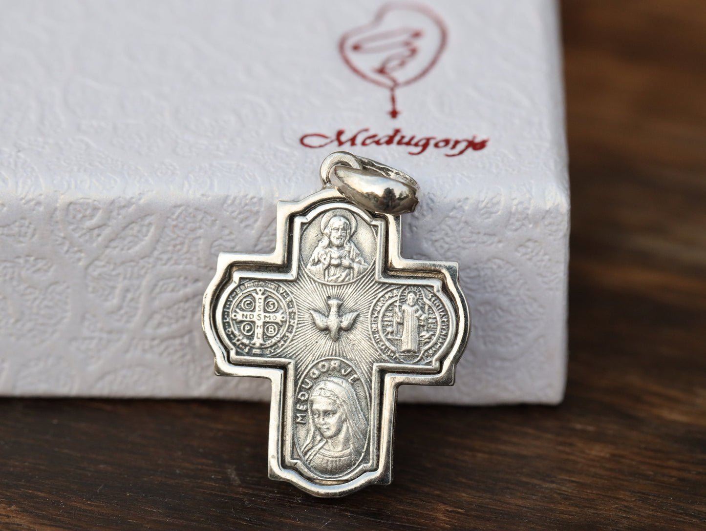 Four way cross, 4 way sterling silver cross, five way cross, Medjugorje cross, cross with St Benedict medal, Our Lady cross, Holy Spirit