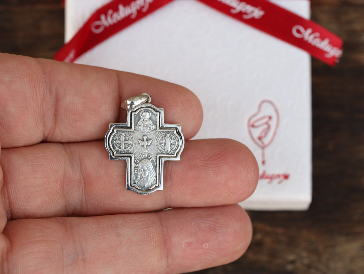 Four way cross, 4 way sterling silver cross, five way cross, Medjugorje cross, cross with St Benedict medal, Our Lady cross, Holy Spirit