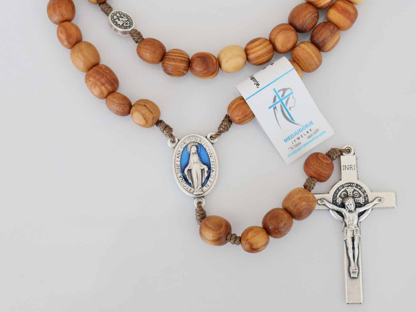 Wooden rosary, handmade olive wood rosary beads, blue Miraculous Medal rosary, wooden rosary with St Benedict cross, blue Virgin Mary medal