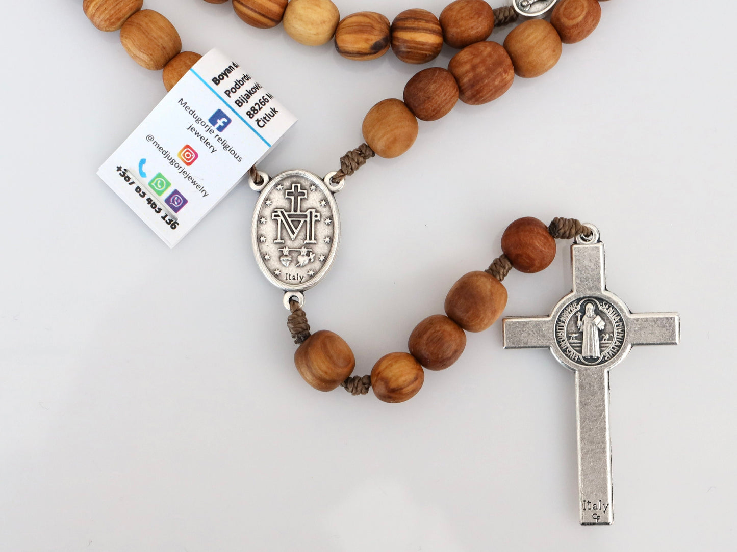 Wooden rosary, handmade olive wood rosary beads, blue Miraculous Medal rosary, wooden rosary with St Benedict cross, blue Virgin Mary medal
