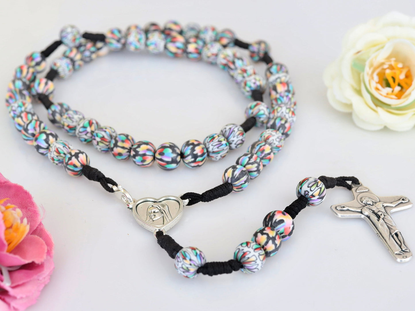 Black fimo rosary beads, fimo clay rosary beds with flowers, Medjugorje rosary whith flowers, had made rosary necklace from Medjugorje,