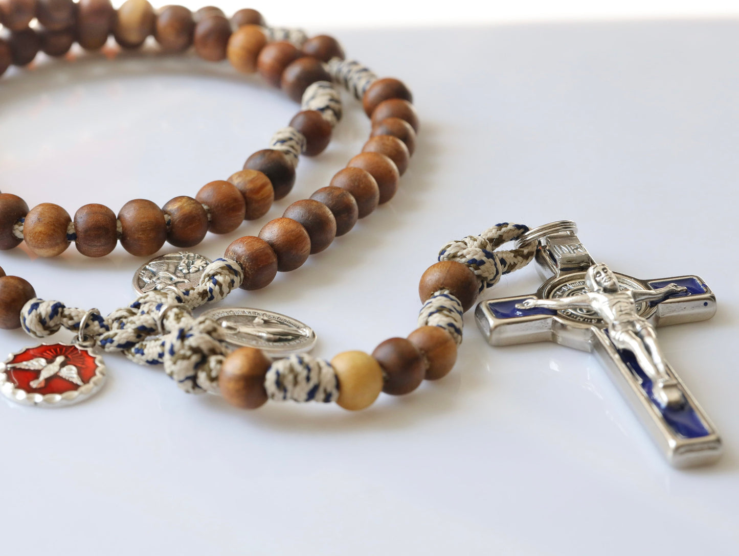 Wooden rosary beads, paracord wooden rosary, Saint Benedict cross rosary beads,Holy Spirit, Miraculous Medal, St Michael, warrior rosary