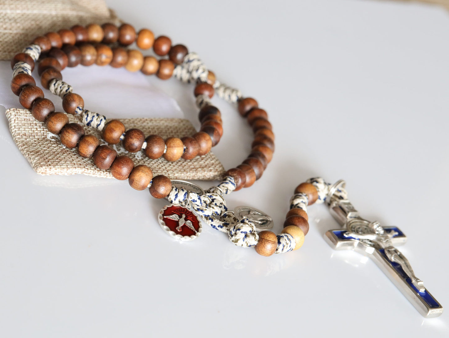 Wooden rosary beads, paracord wooden rosary, Saint Benedict cross rosary beads,Holy Spirit, Miraculous Medal, St Michael, warrior rosary
