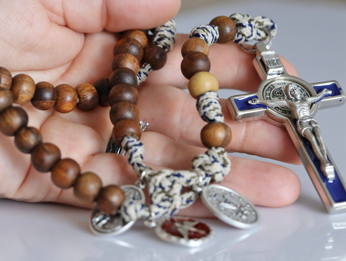 Wooden rosary beads, paracord wooden rosary, Saint Benedict cross rosary beads,Holy Spirit, Miraculous Medal, St Michael, warrior rosary