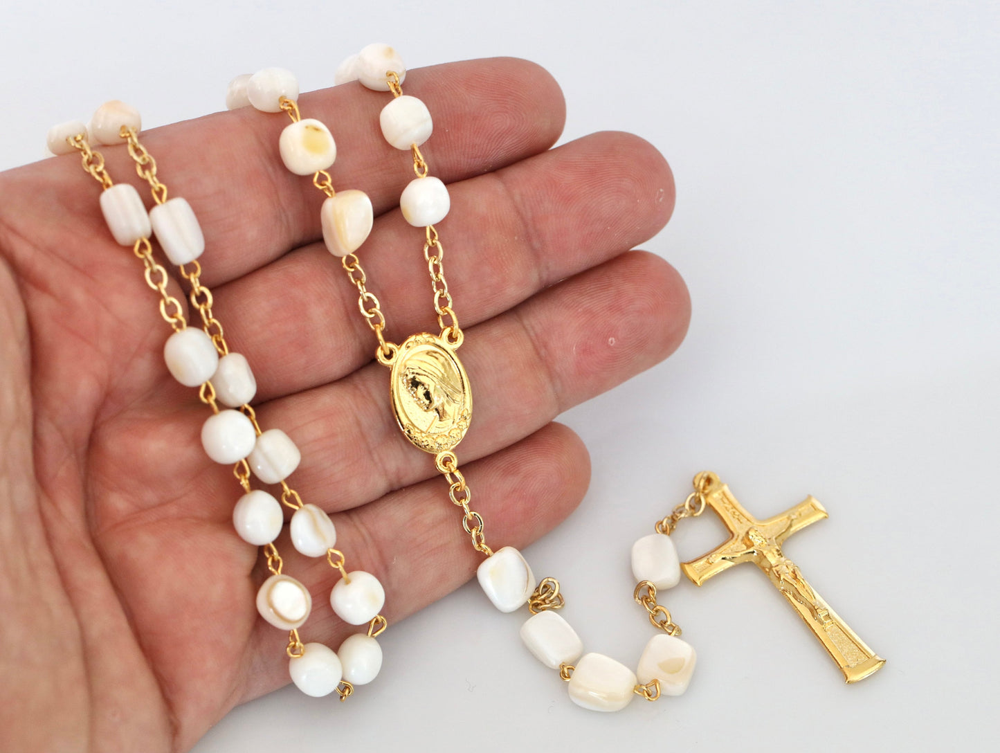 Rosario de nácar, rosario de conchas, rosario de perlas blancas, rosario de Medjugorje, rosario hecho a mano, rosario chapado en oro, rosario de la Divina Misericordia