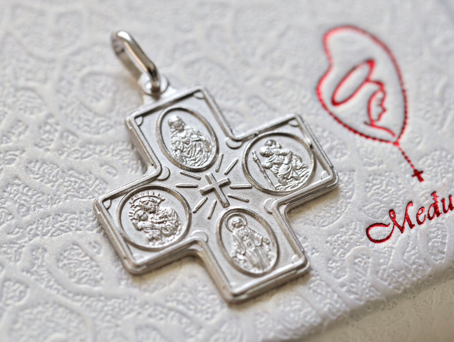 Four way cross, 4way medal. Sterling silver 925 cross, cross with St Joseph Virgin Mary Sacred Heart St Christopher and Miraculous Medal